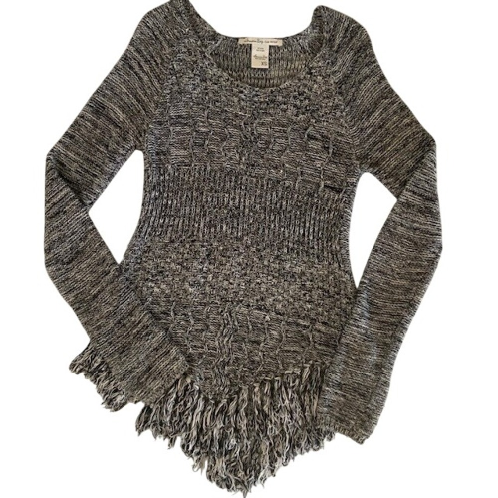 American Rag Boho Western Fringe Sweater XS Mixed Knit Asymmetrical Hem Indie